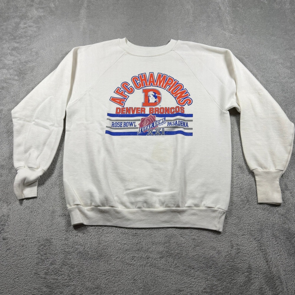 Vtg Denver Broncos Logo 7 Sweatshirt Mens Large White AFC Champs SB XXI 1986